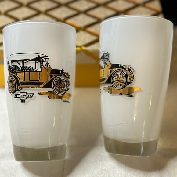 2 EUV Gay Fad Frosted Highball Glasses w/1912 Chevy Image In Black & 22k Gold - Picture 9 of 10